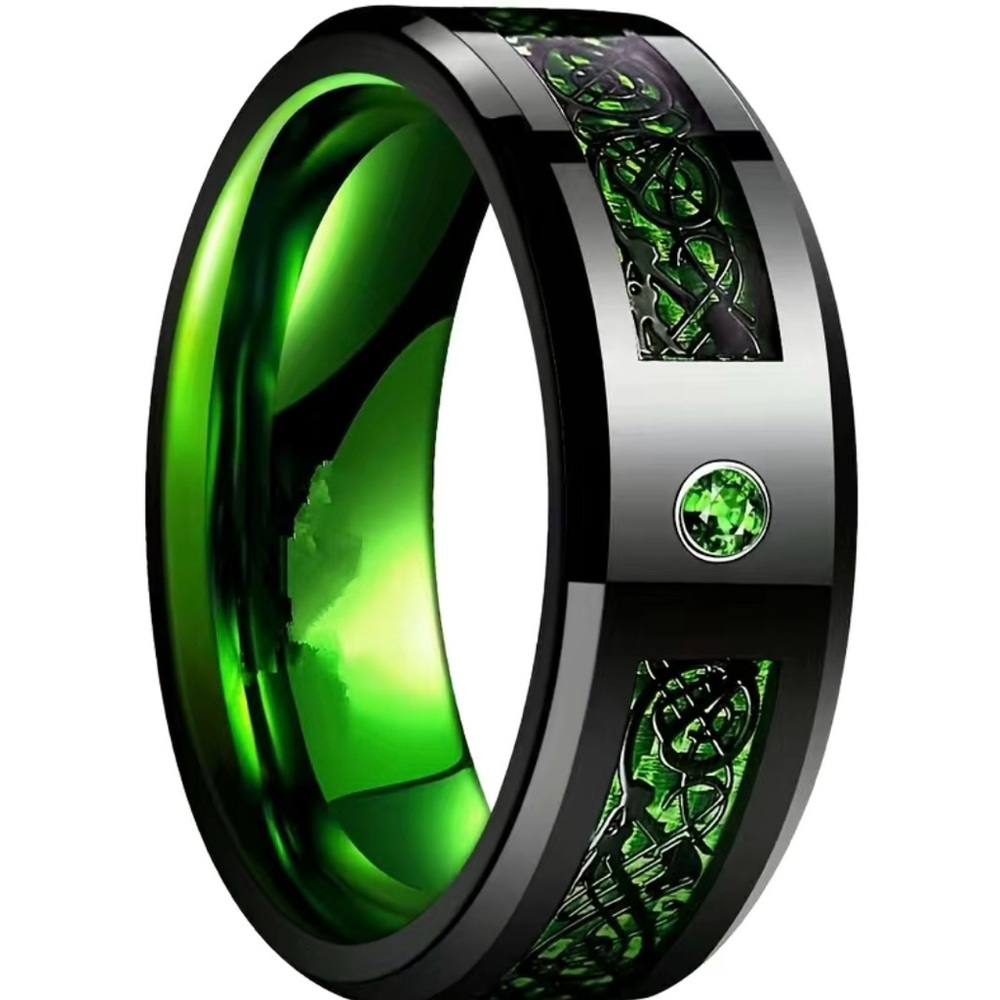 Ring w Black Dragon Pattern & Green Carbon Fiber Inlay Stainless Steel Size 11